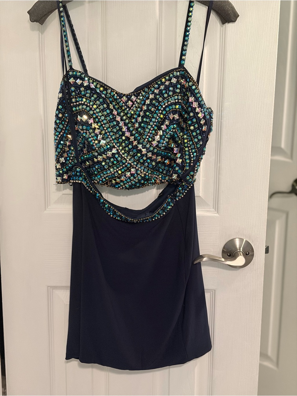 Dave & Johnny Navy Mini Dress with Teal & Aqua Beading